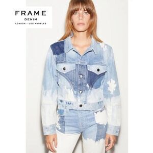 FRAME CROPPED FRESCO DENIM Jean JACKET Patchwork Acid Wash Blue Size S Oversized